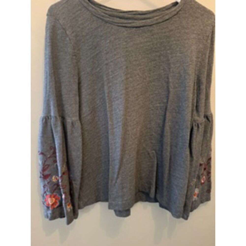 LOFT Women’s Gray Embroidered Floral Bell Sleeve Long Sleeve Top